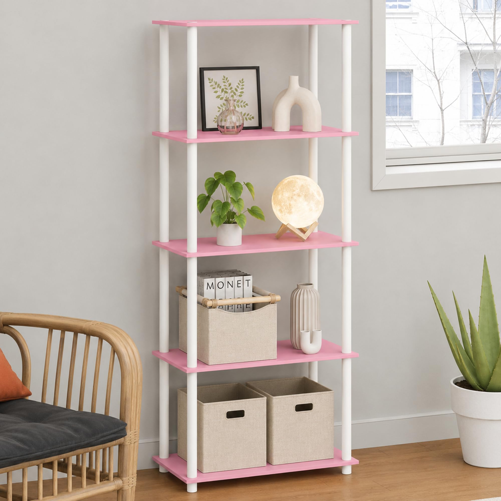 Furinno TURN-N-TUBE Toolless Assembly 5-Tier Storage Shelves, Pink Book Shelf, Open Storage Bookshelf, for Organization and Storage, Living Room