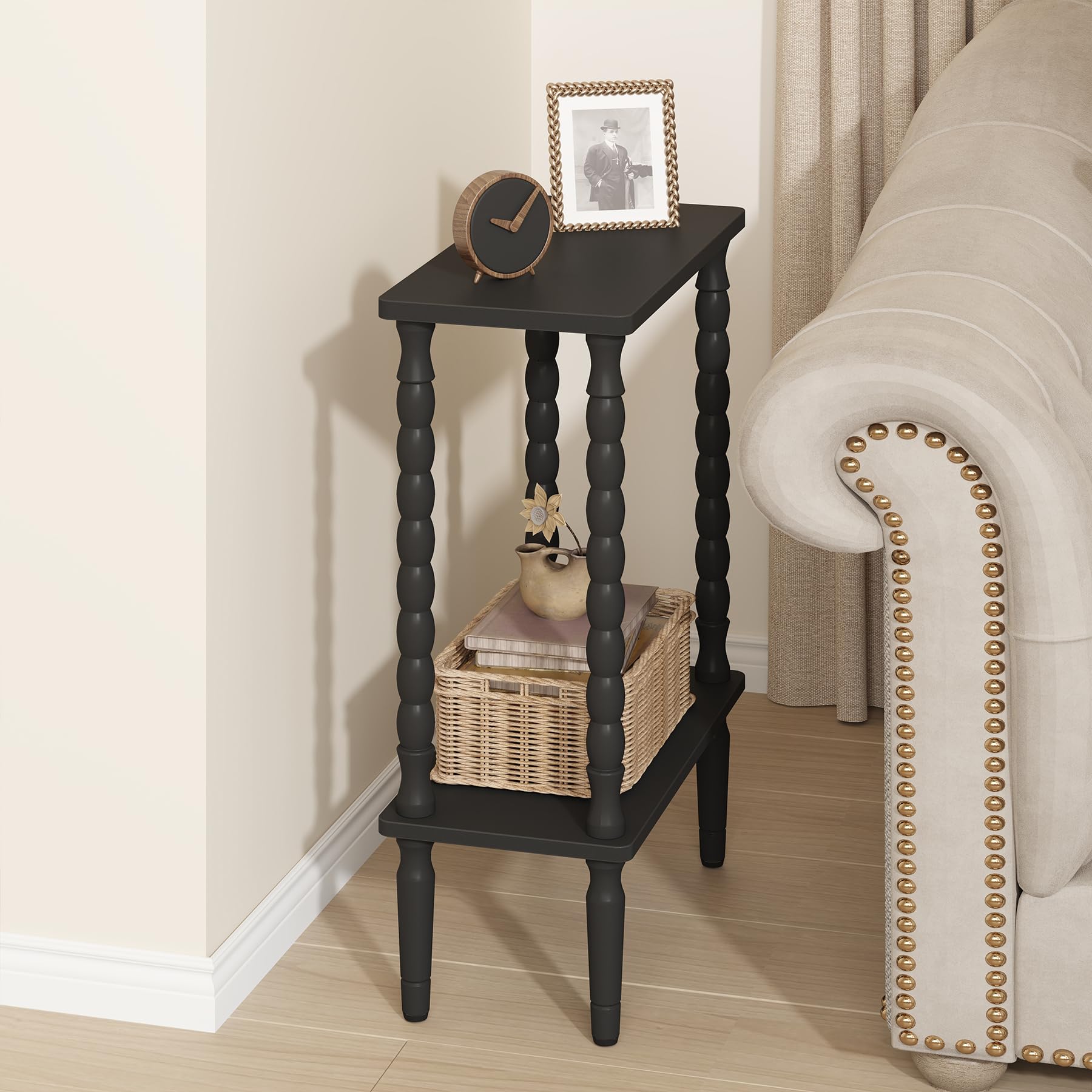 TUTOTAK Narrow Side Table, 2-Tier Small End Table with Storage, Slim Skinny Nightstand for Small Spaces, Living Room, Bedrooms, Black TB01BK001EU