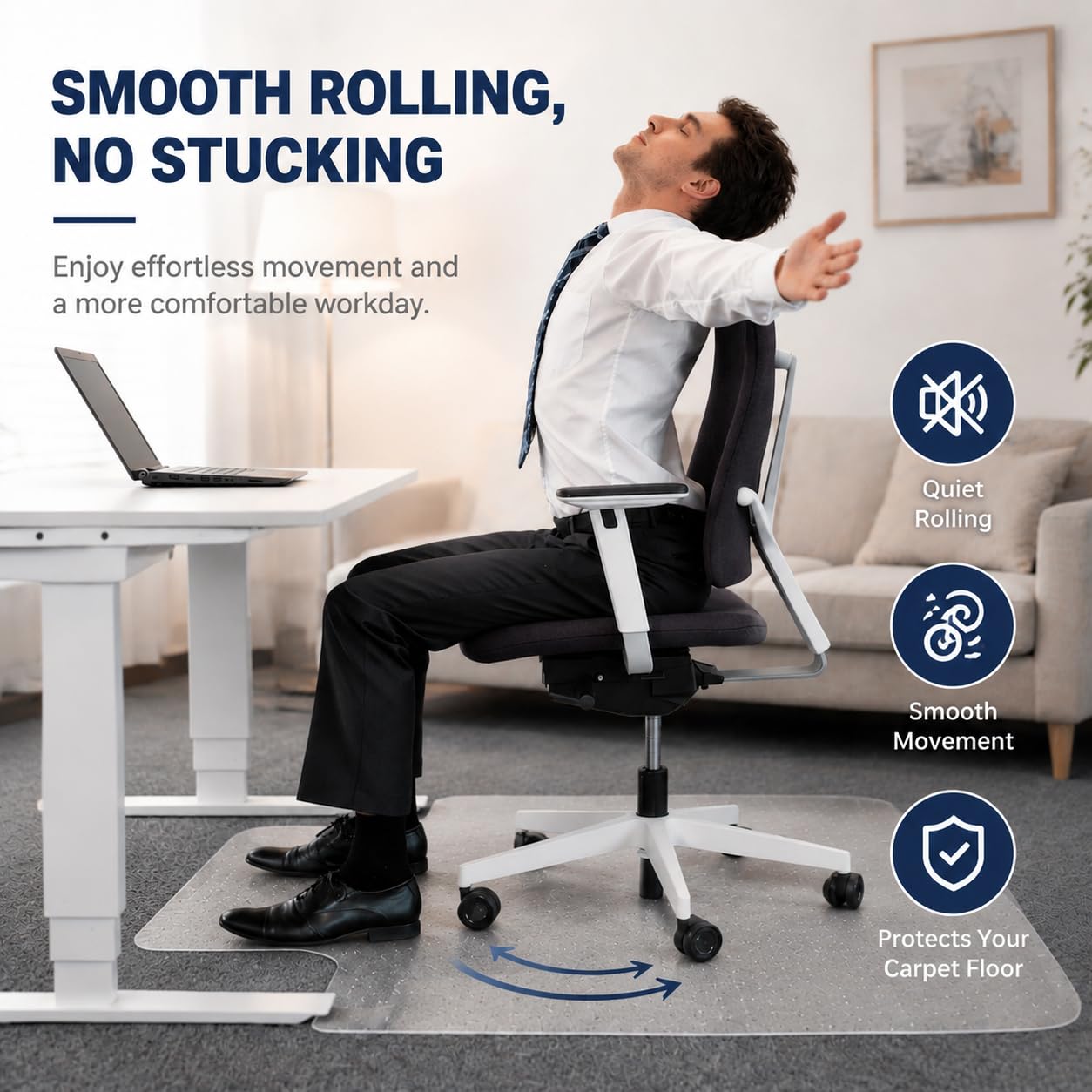 Thickened Office Chair Mat for Carpet, 120×90cm with Lip, 3mm Thick Clear Heavy Duty Floor Protector with Anti-Slip Particles for Office & Home