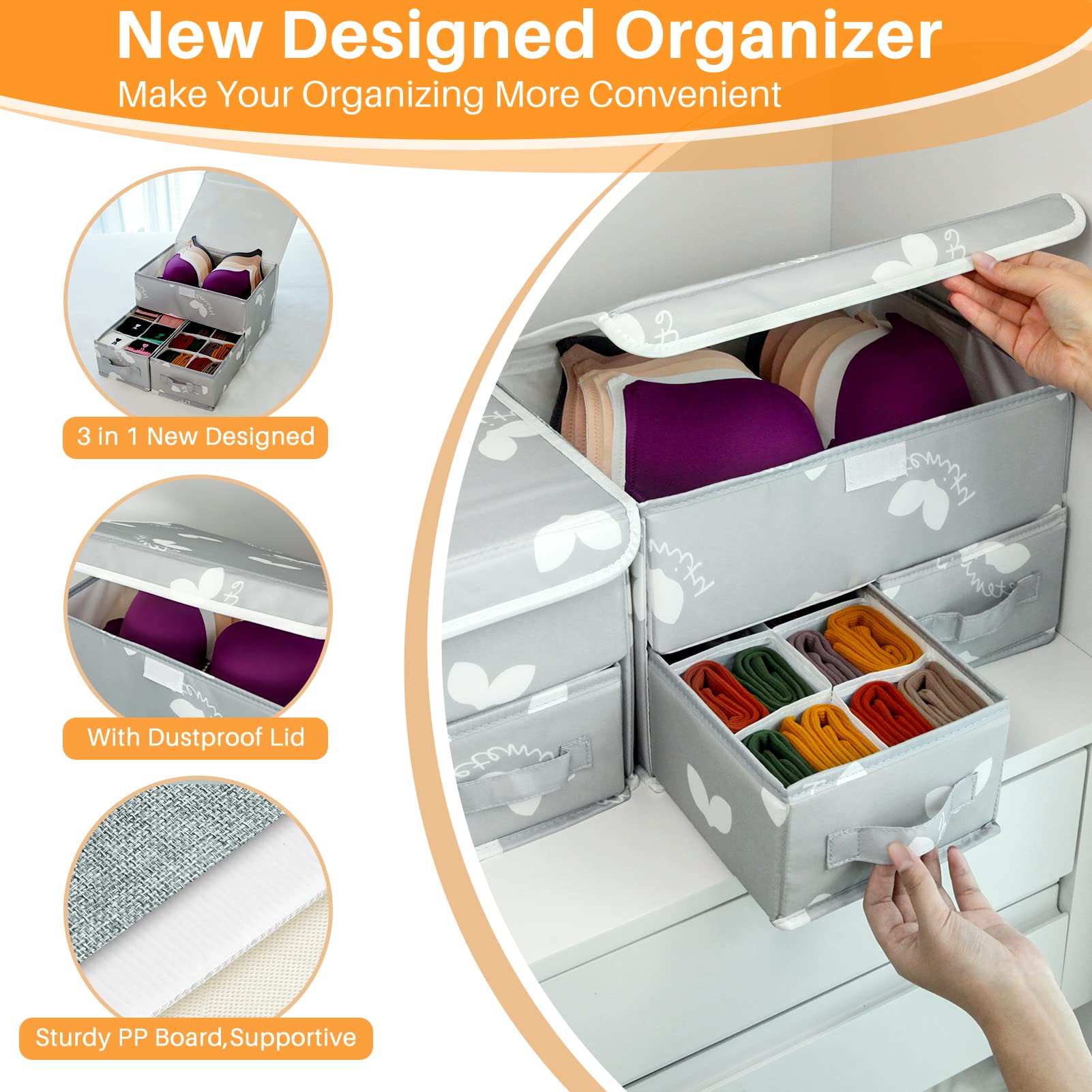 EASEVE Sock Underwear Drawer Organiser with Lid - Wardrobe Clothes Storage Boxes with Dividers, Foldable Fabric Closet Organizer for Bra, Sock, Shirt