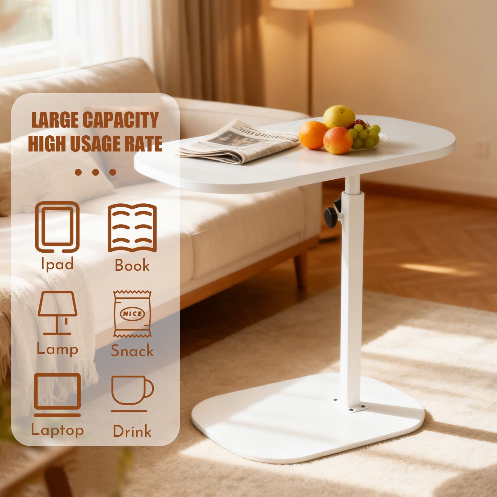YASHIIN Adjustable C Shaped Side Table with 360 Degree Rotating Top, White Under Bed Table for Living Room, Sofa Bedside Table