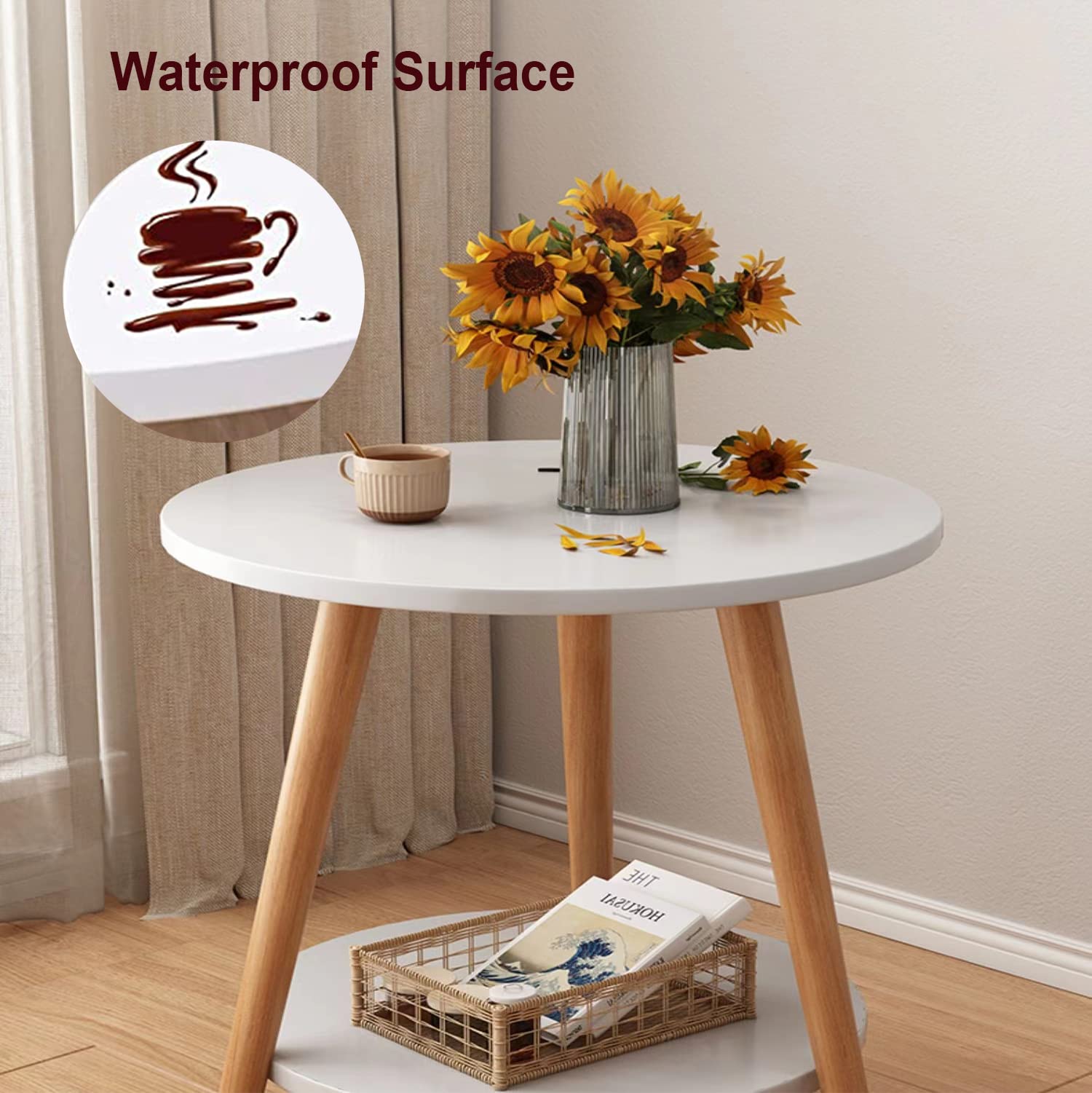 KZOBYD Round Side Table, 2 Tier End Tables With Round Wooden Top, 38 x 55cm