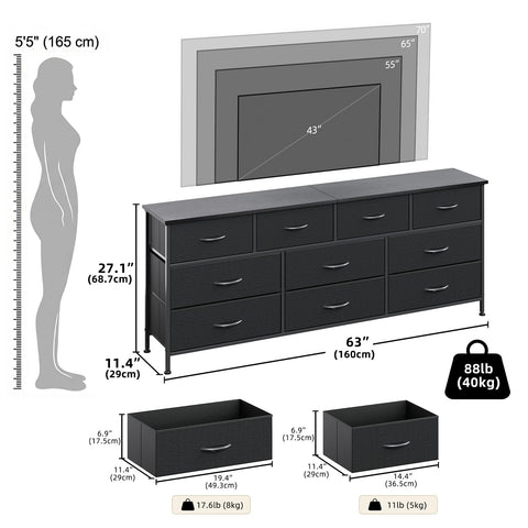 VERMESS Bedroom Dresser & Chests of Drawers with 10 Fabric Drawers, TV Stand Cabinet Unit for 65", 70" TV, Dresser Storage Organizer