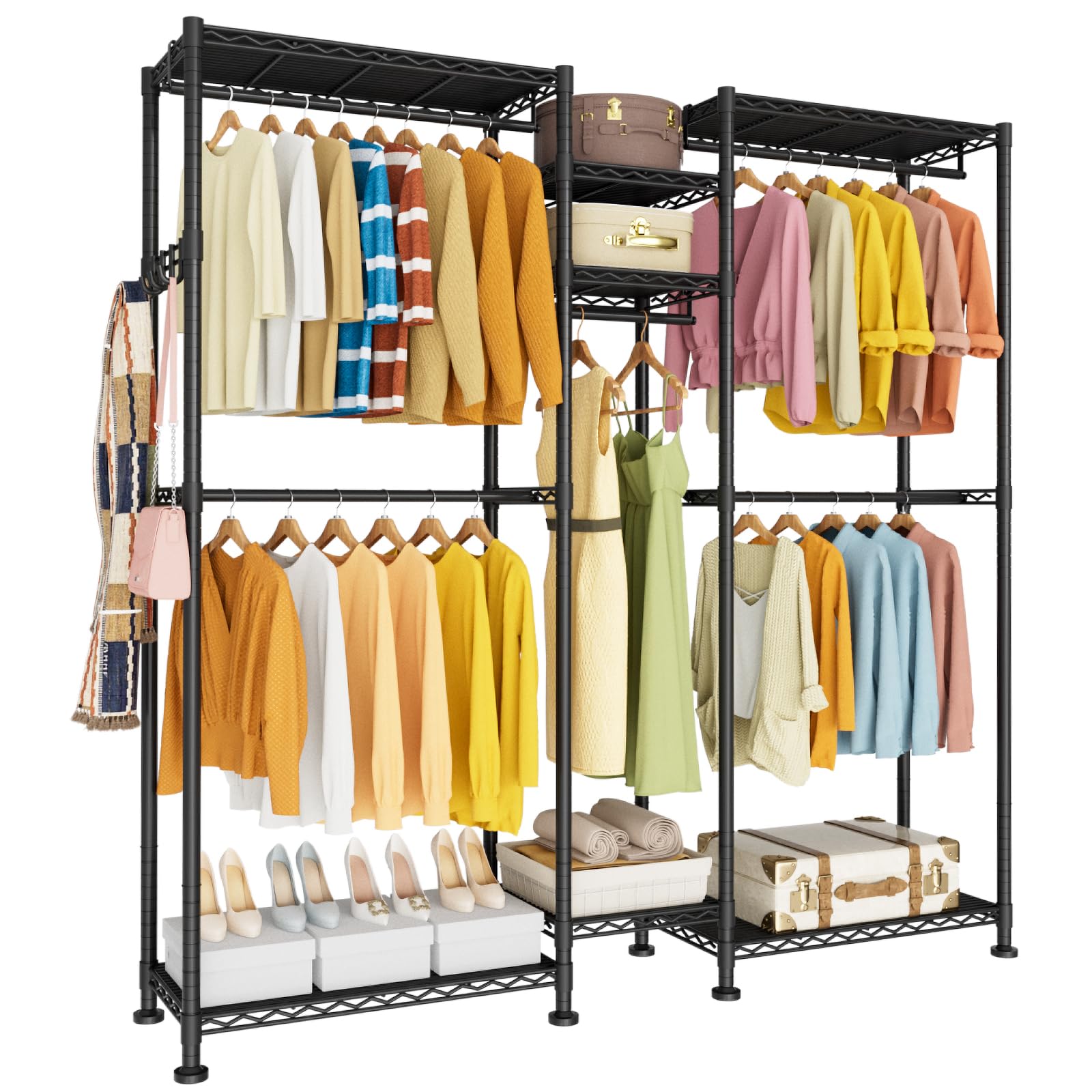 VyGrow Clothes Rail,Clothes Rack for Hanging Clothes,Adjustable Closet Organizer System, Double Rods, Side Hooks, Black