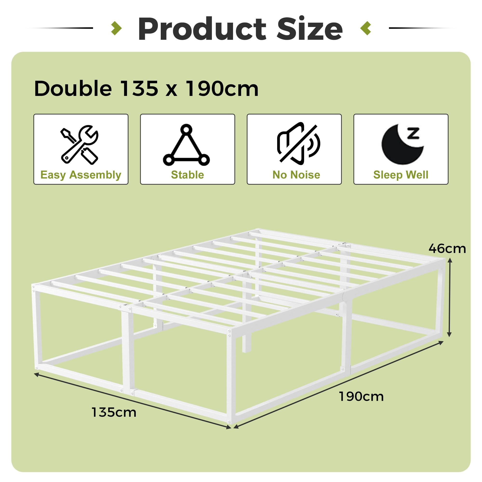 EMODA Double Bed Frame 135x190 cm with Sturdy Slats Support, White