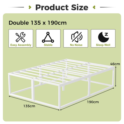 EMODA Double Bed Frame 135x190 cm with Sturdy Slats Support, White