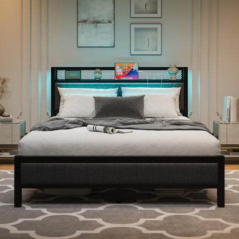 MOFLUT 4ft6 Double Bed Frame with Storage Headboard, USB & LED Lights,Gray