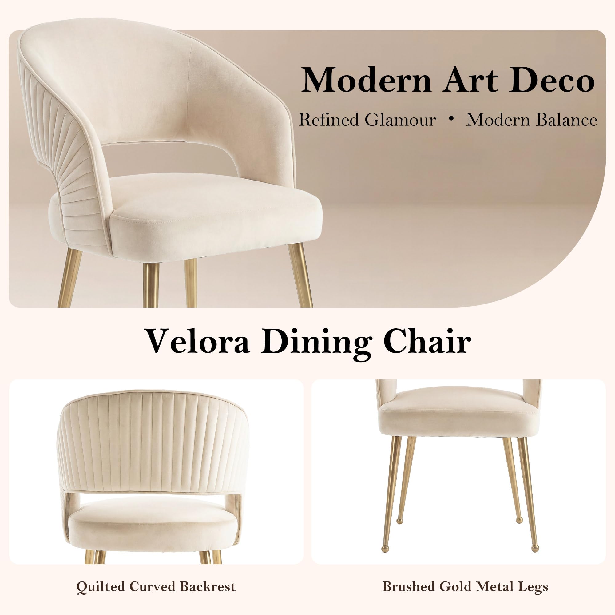 younturn Modern Velvet Upholstered Dining Chairs Set of 2, Comfortable Padded Kitchen Chairs with Armrests
