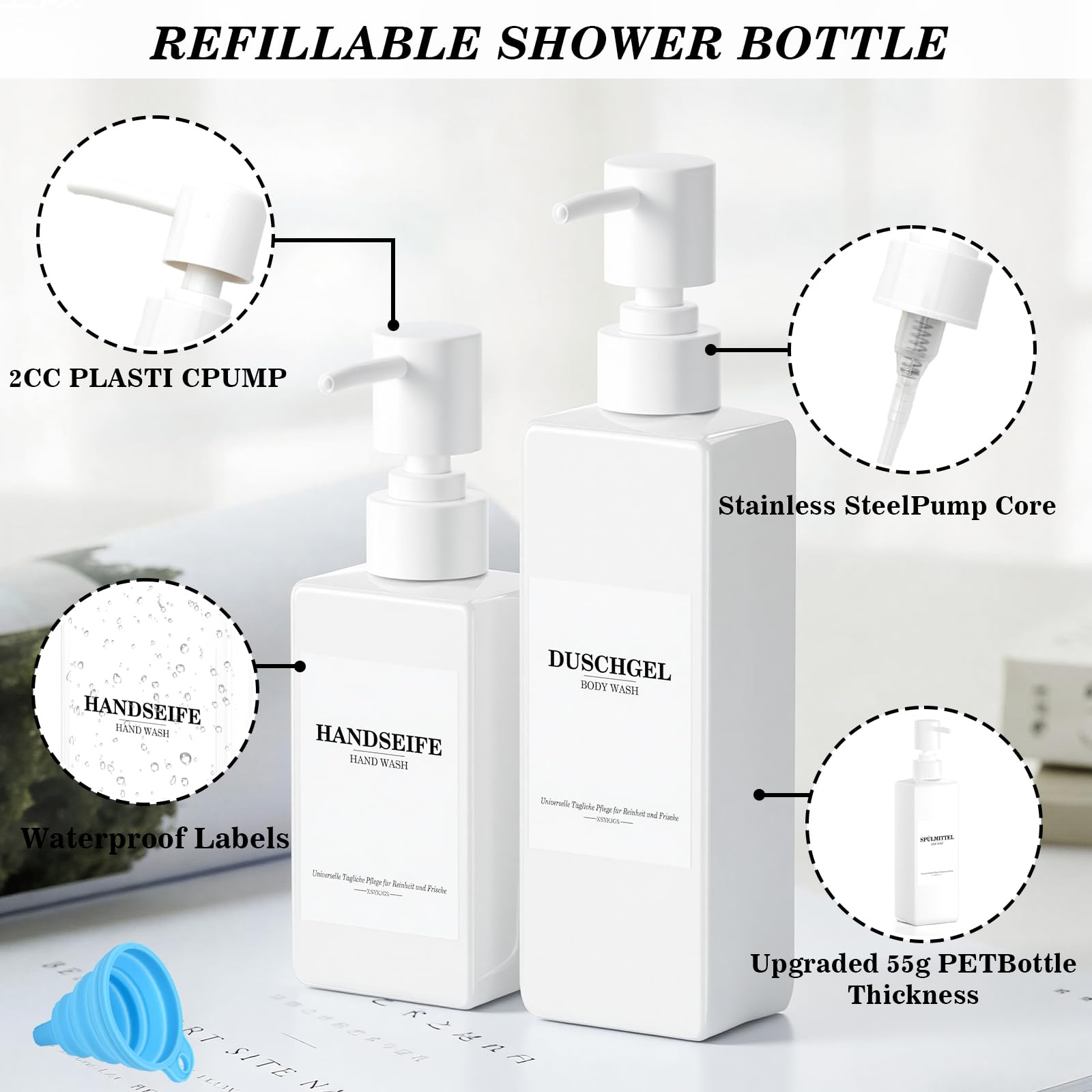 Set of 5 Reusable Shampoo Dispenser Bottles for Filling, 3 x 300 ml + 2 x 500 ml White Refill Bottles with Pump Dispenser