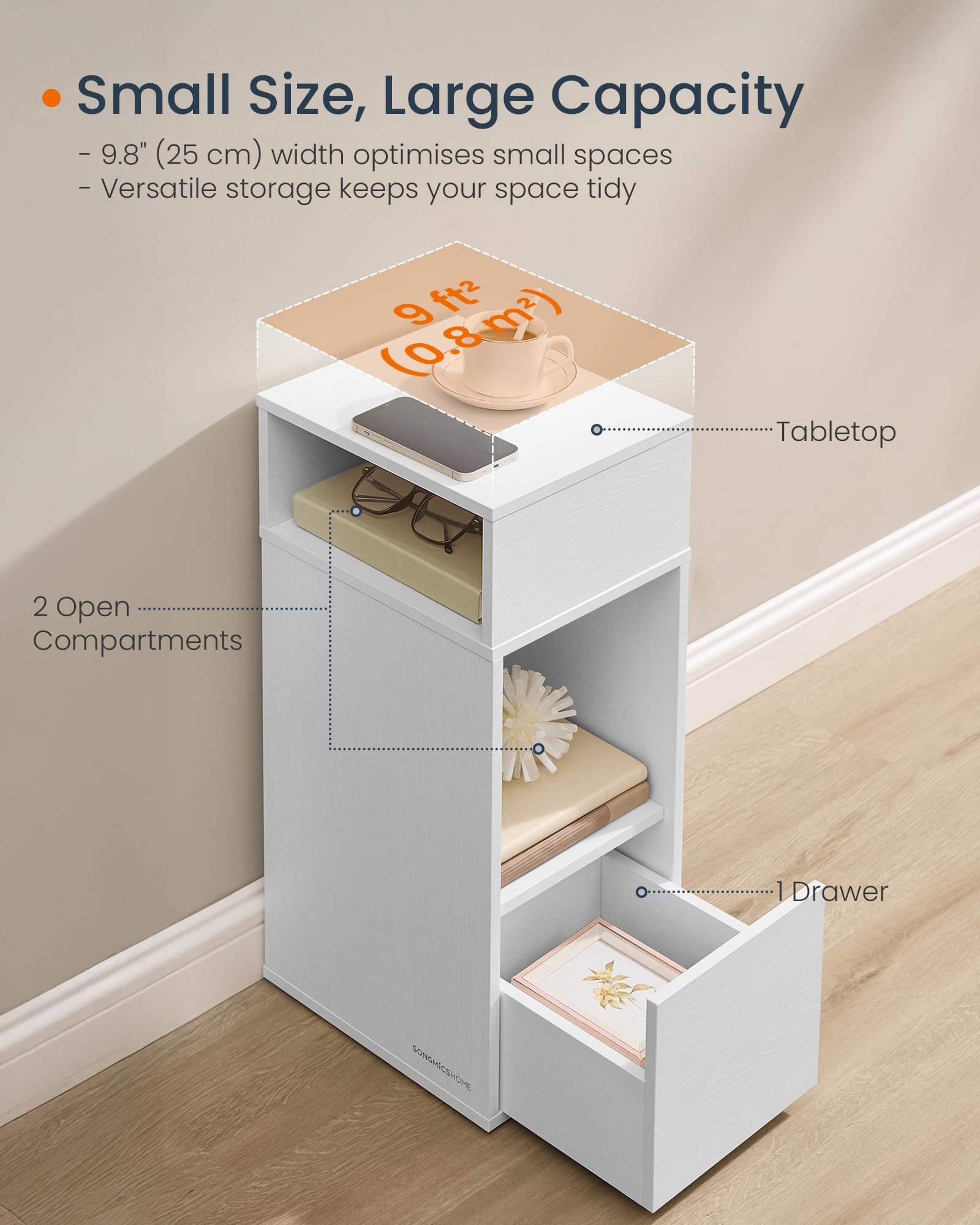 SONGMICS HOME Slim Bedside Table, Snapsemble Superfast Assembly