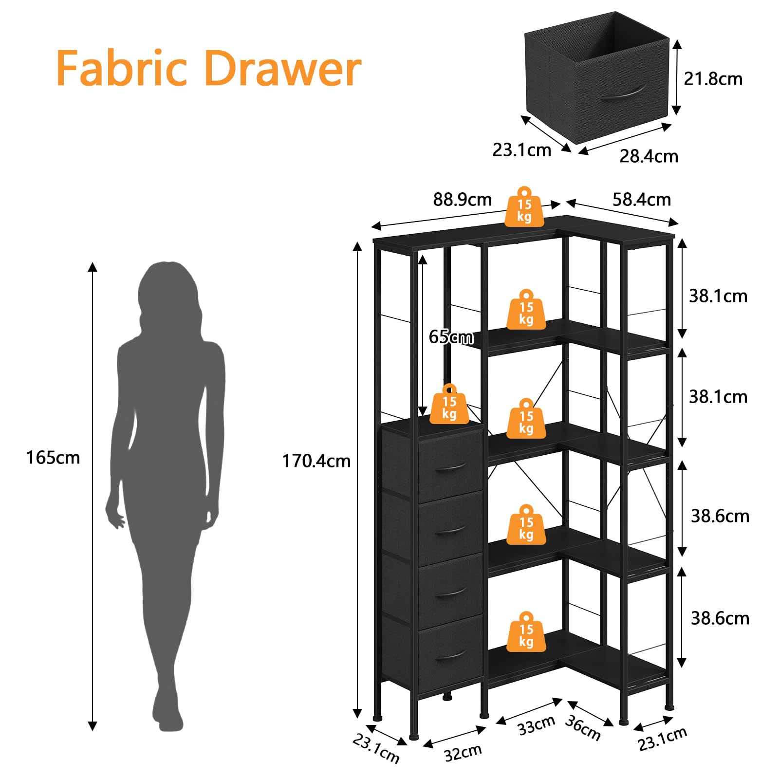 Corner Bookshelf Unit with 4 Fabric Drawers & LED Light, 5-Tier, Black