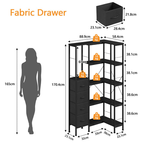 Corner Bookshelf Unit with 4 Fabric Drawers & LED Light, 5-Tier, Black