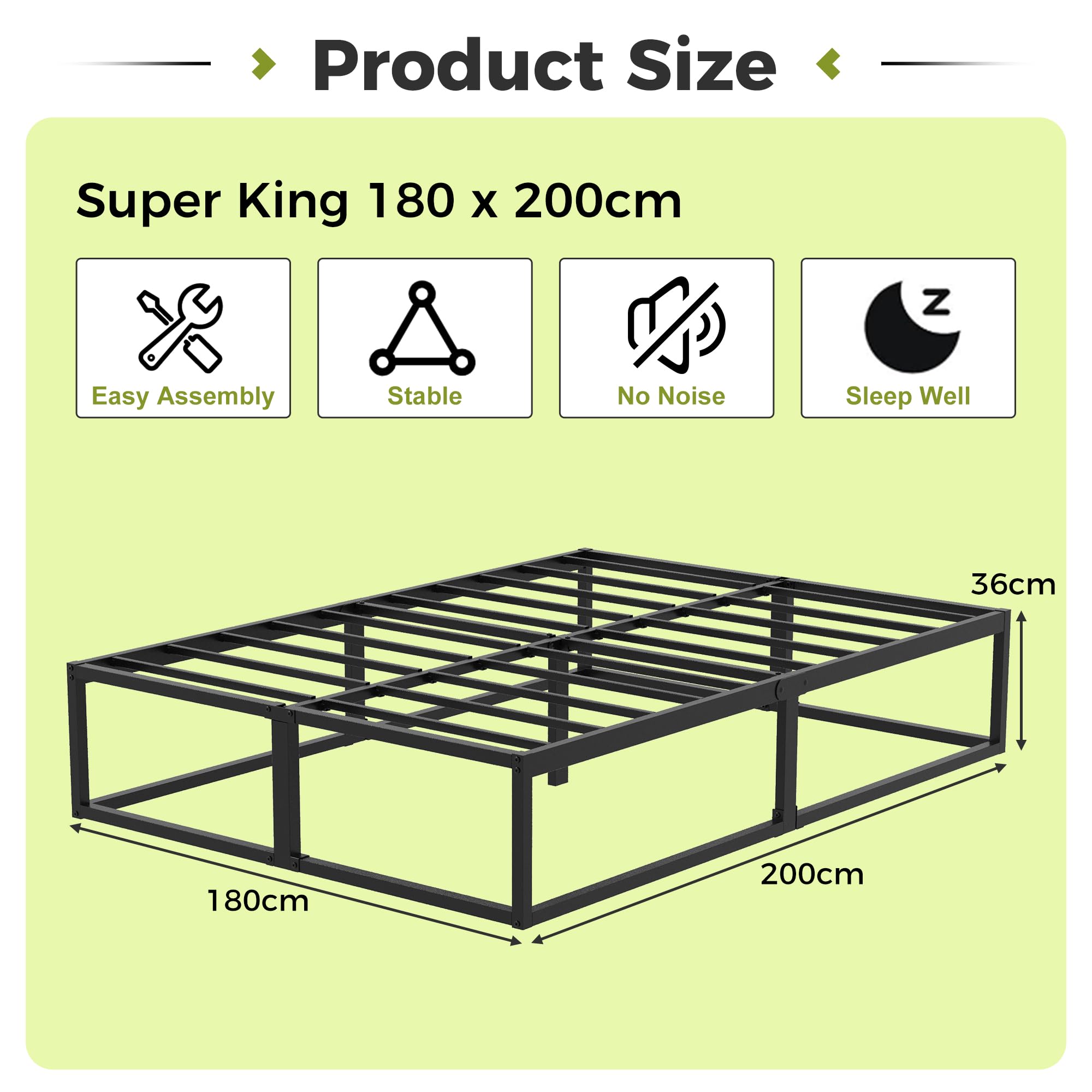 EMODA Super King Bed Frame 36cm High with Steel Slats Support, Black