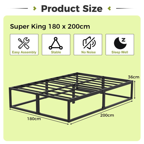 EMODA Super King Bed Frame 36cm High with Steel Slats Support, Black