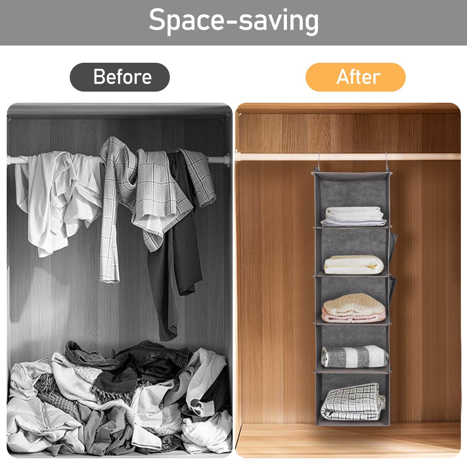 DPWEION Hanging Storage Shelves with 5 Shelves Foldable Hanging Wardrobe Closet Organiser Unit with 2 Side Pockets for Clothes Accessories for