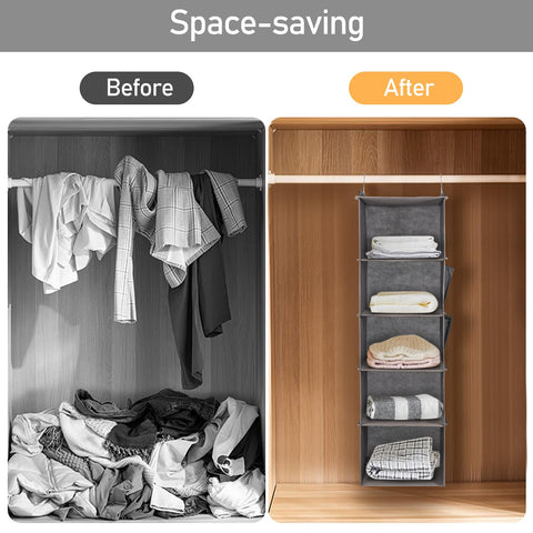 DPWEION Hanging Storage Shelves with 5 Shelves Foldable Hanging Wardrobe Closet Organiser Unit with 2 Side Pockets for Clothes Accessories for