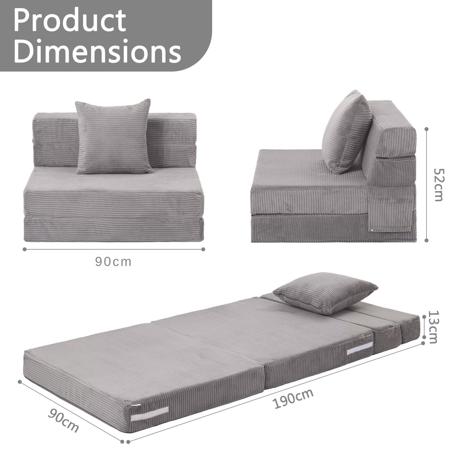 MeMoreCool Folding Mattress Single, Corduroy Fold Out Sofa Bed, Grey
