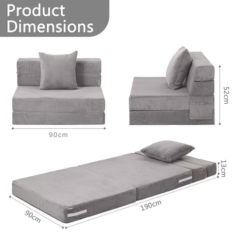 MeMoreCool Folding Mattress Single, Corduroy Fold Out Sofa Bed, Grey