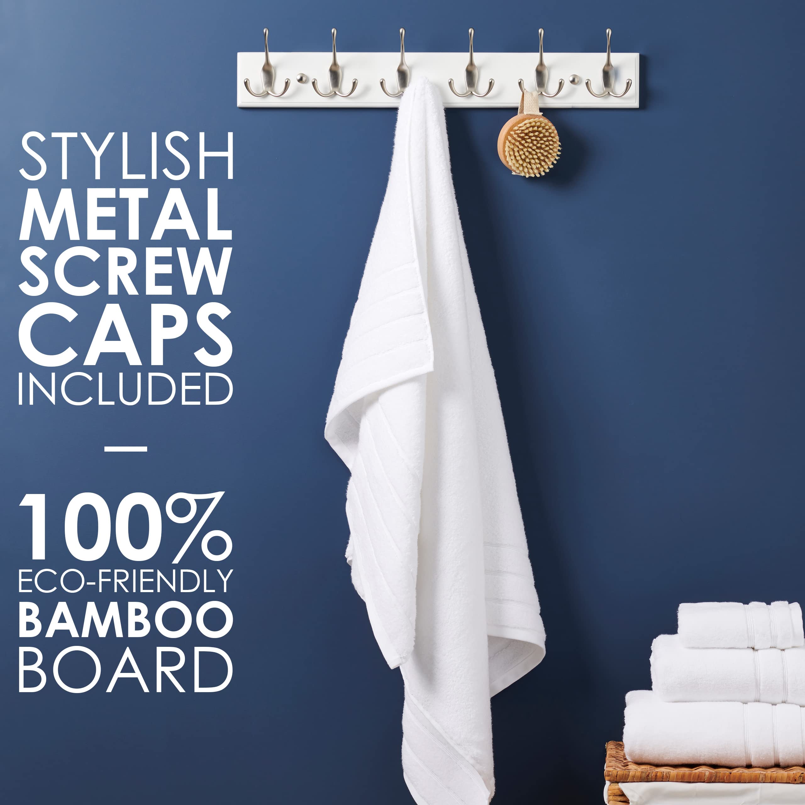 LARHN White Wall-Mounted Coat Rack - 6 Matt-Nickel Coat Hooks, 59cm