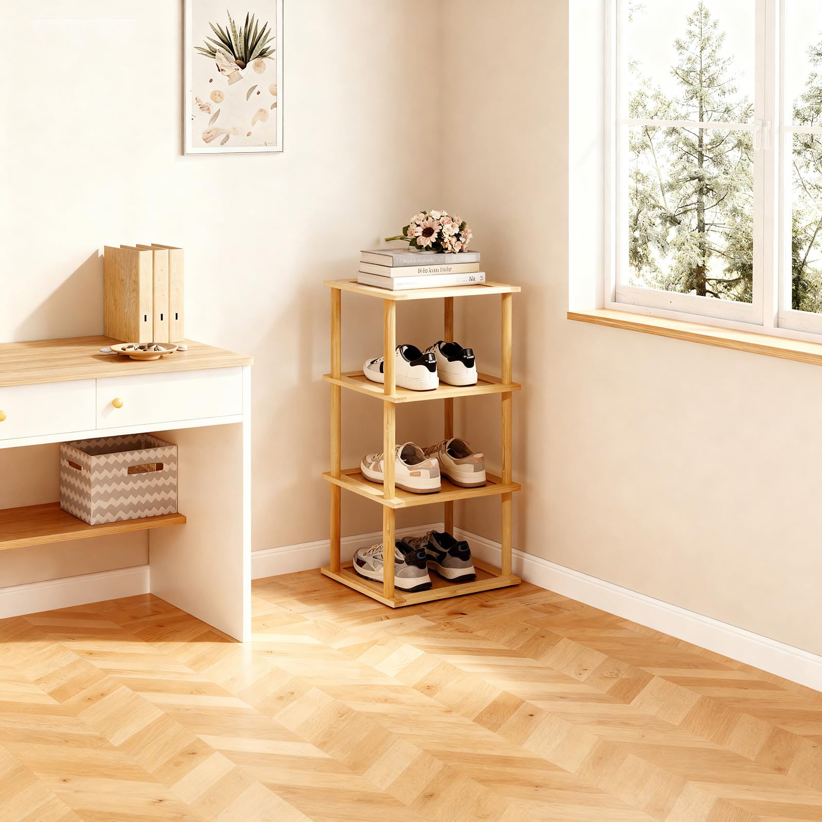 Aniston 4 Tier Small Shoe Rack Bamboo, Free Standing Slim Narrow Shoe Storage, Vertical Tall Shoe Shelf Organiser for Garage, Closet, Doorway, Corner