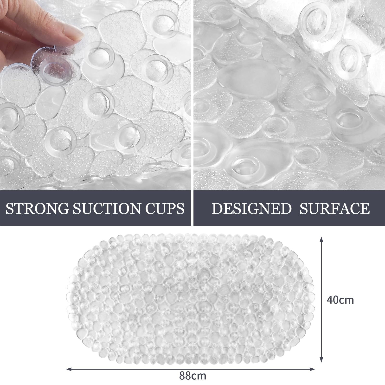 DOPROP Clear Pebbles Non Slip Shower Mats for Inside Shower Anti Mould Bath Mats for Bathroom Accessory with Suction Cups Holes Washable Safety Oval