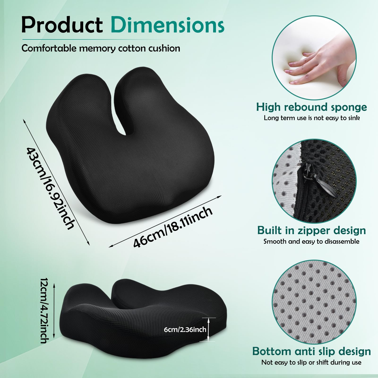 Memory Foam Seat Cushion for Long Sitting, Ergonomic Tailbone Coccyx Pain Relief, Orthopedic Viscoelastic Pad with Washable Non Slip Cover