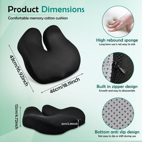 Memory Foam Seat Cushion for Long Sitting, Ergonomic Tailbone Coccyx Pain Relief, Orthopedic Viscoelastic Pad with Washable Non Slip Cover