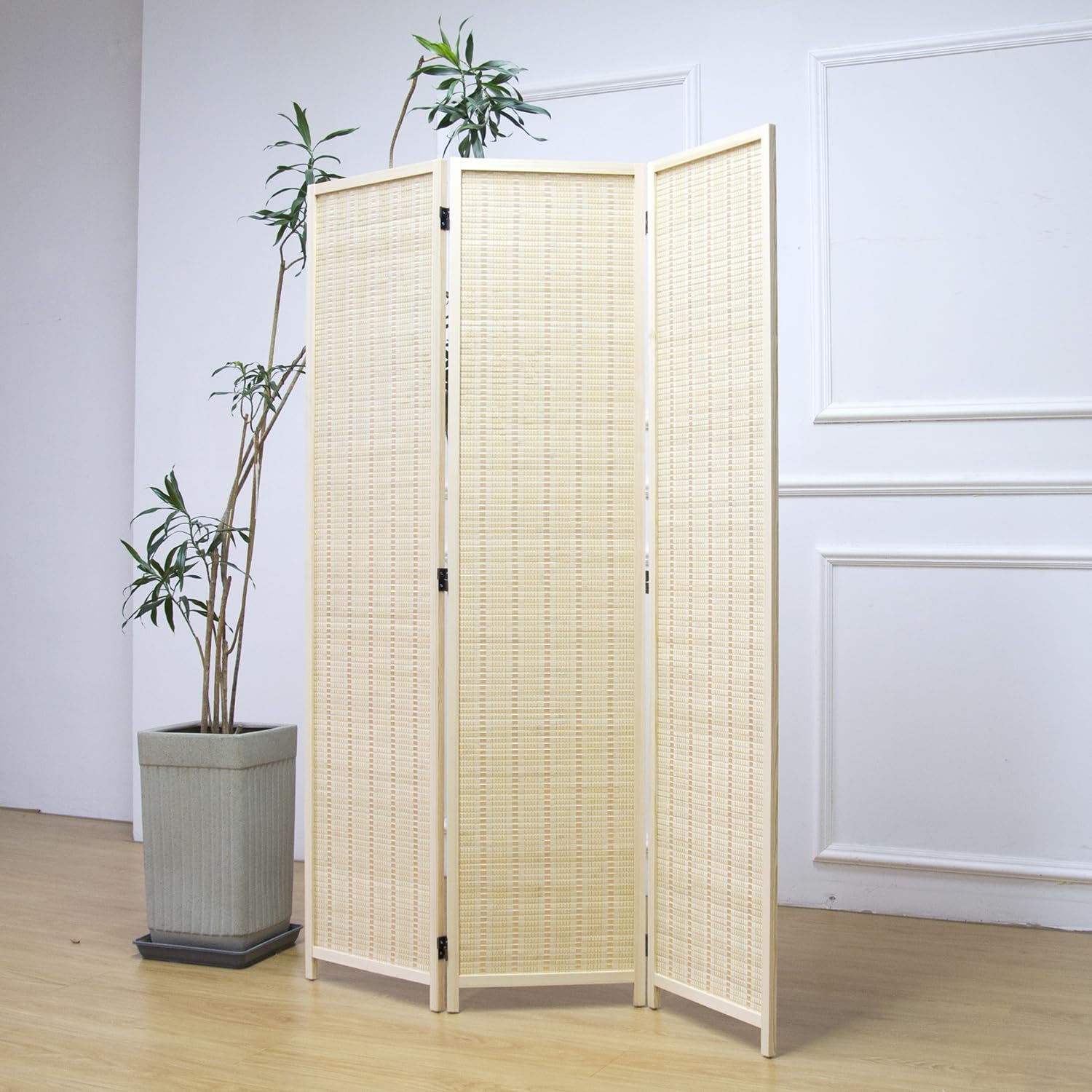 Furnnylane 3 Panel Bamboo Room Divider and Folding Panel Screen,Bamboo Panel Divider for Room Separation,Beige,170 cm H x 117 cm W