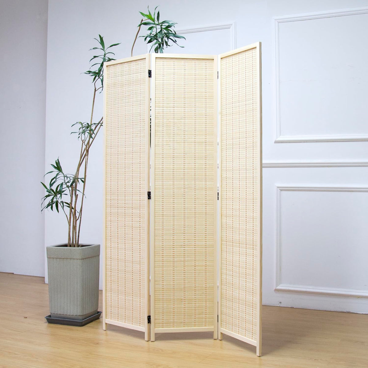 Furnnylane 3 Panel Bamboo Room Divider and Folding Panel Screen,Bamboo Panel Divider for Room Separation,Beige,170 cm H x 117 cm W