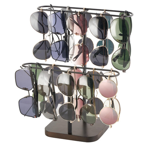 Mkono Sunglasses Organizer Glasses Holder Stand for 24 Pairs of Eyewear, 2 Tier Sunglass Storage Eyeglasses Display Rack Metal Frame with Wood Base