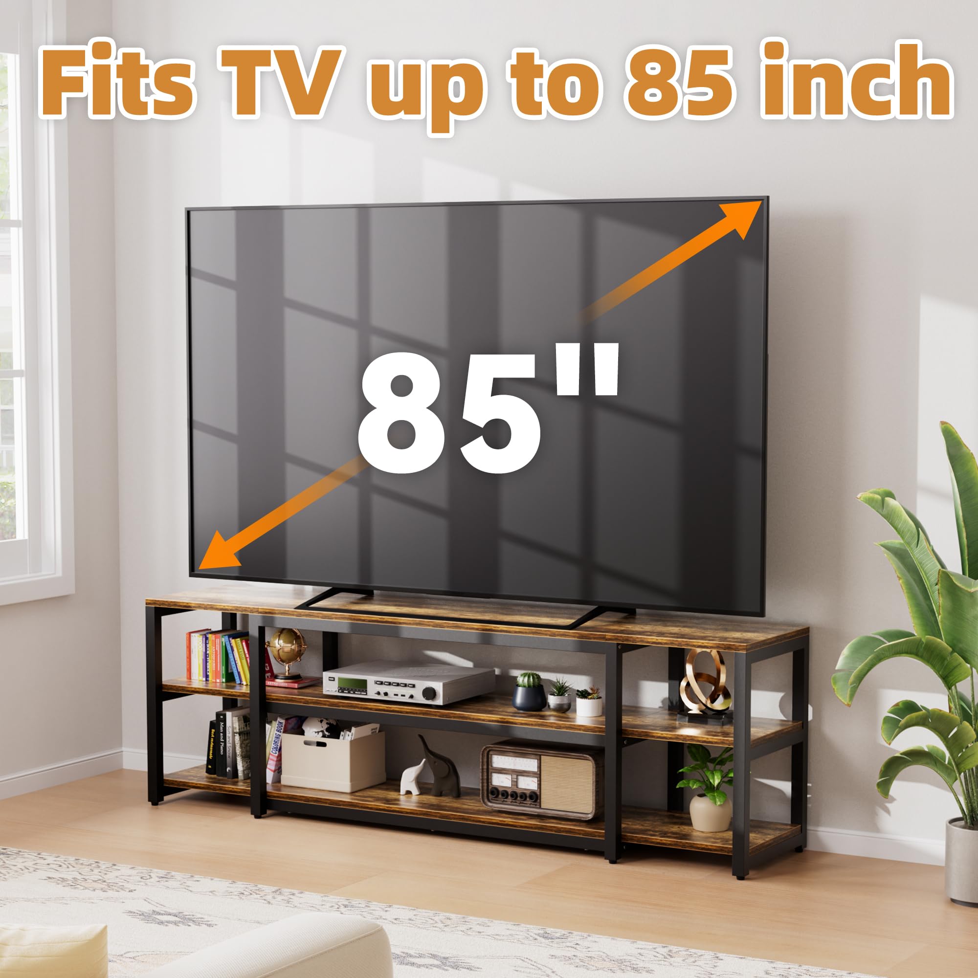 Aquzee 85 Inch TV Stand, 191 cm Long TV Unit, 40D x 191W x 58H cm, 3-Tier Large TV Cabinet with Open Storage Shelves