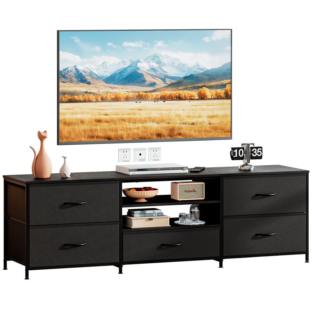 Forthcan TV Stand Cabinet, TV Unit with 5 Drawers, 140 cm, All Black