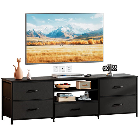 Forthcan TV Stand Cabinet, TV Unit with 5 Drawers, 140 cm, All Black