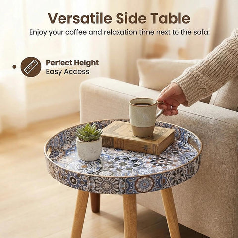 Simmer Stone Marble Round Indoor Side Tables with Detachable Wooden 3 Legs, Versatile Tray Table, Perfect For Round Coffee Table Tea