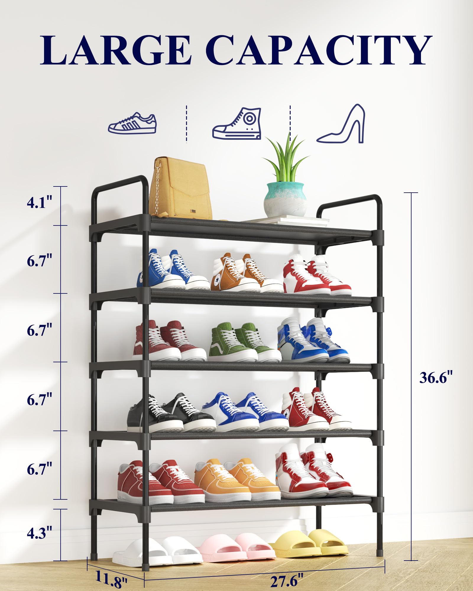 Kitsure Space-Saving Shoe Rack for Closet, 70.0 cm Wide - 5 Tiers, Black