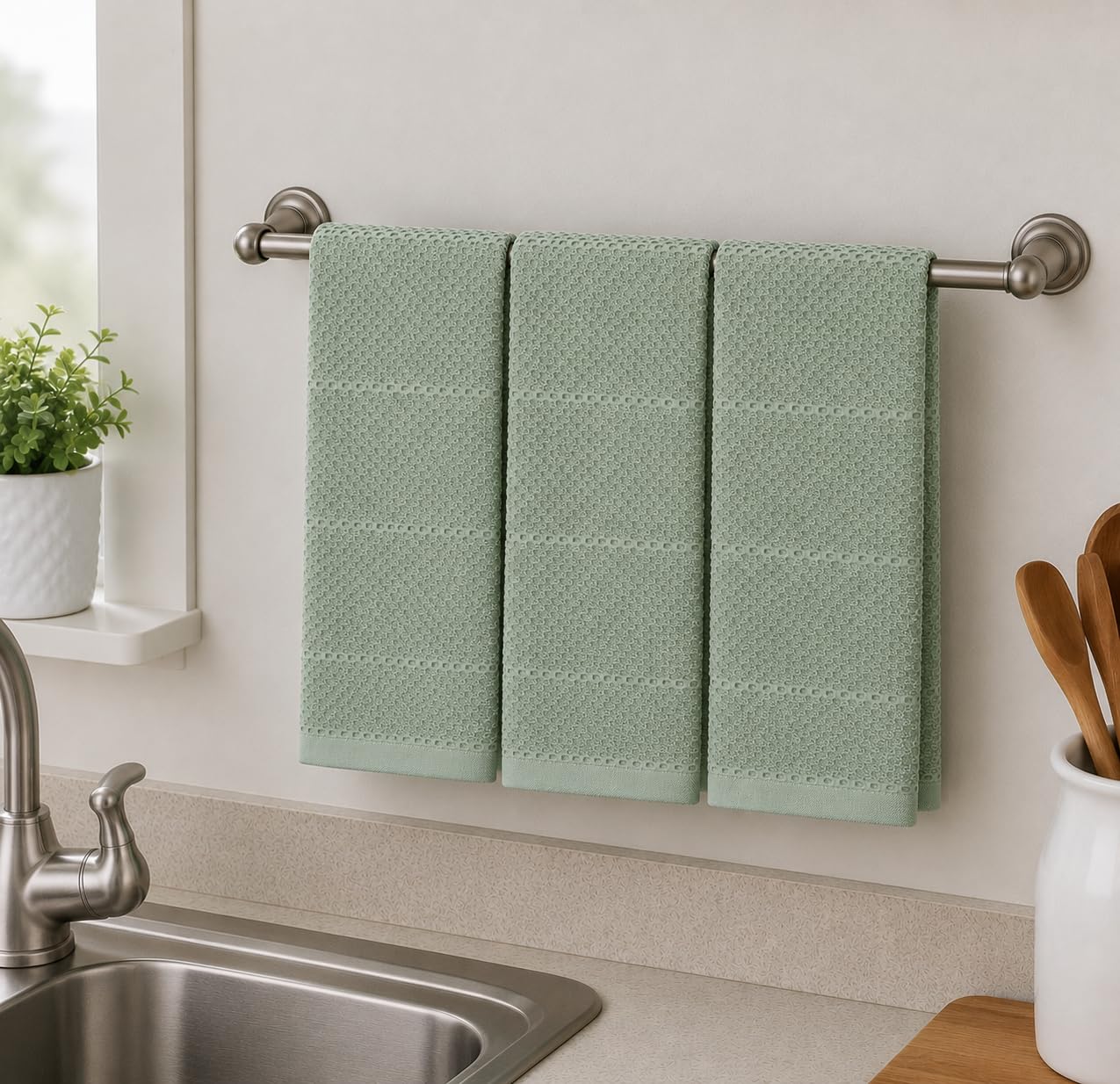Sage Green Kitchen Dish Towels: 100% Cotton Cloth Soft Cleaning Drying Absorbent Textured Terry Loop, Set of 3 Multipurpose for Everyday Use