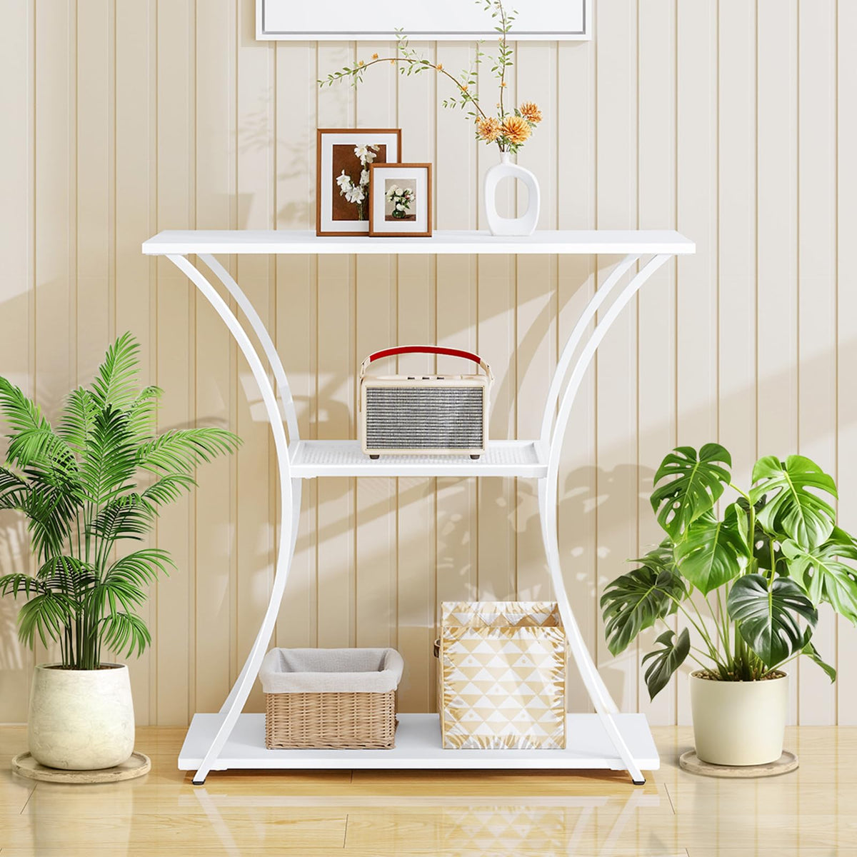 HDANI 3-Tier Metal Console Table with Grid Shelf, Narrow Hallway Table with Sturdy Frame, Entrance Table & Sofa Table for Hallway, Living Room