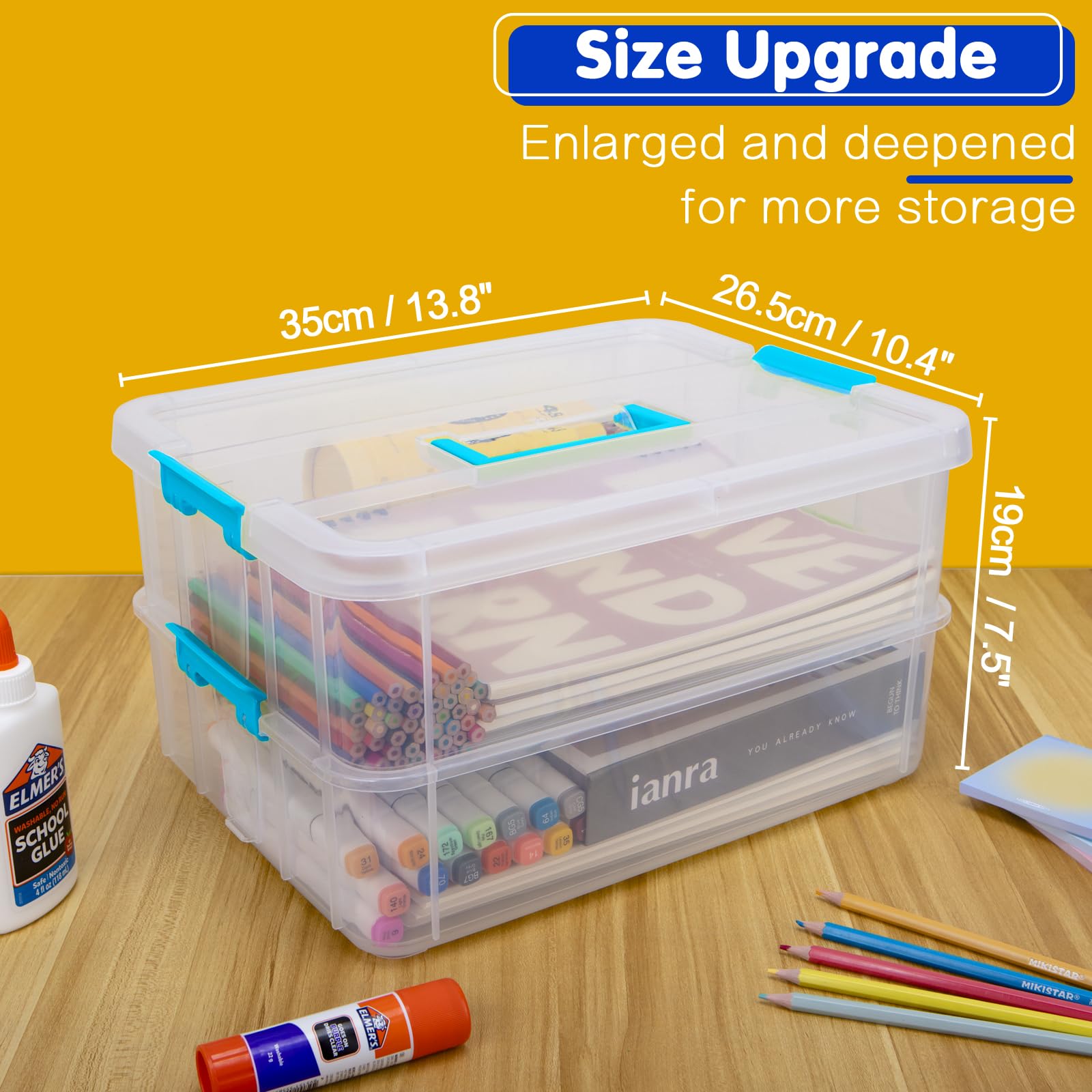 Creahaus 2 Layer Plastic Storage Containers with Lids, Multipurpose Clear Stack & Carry Box