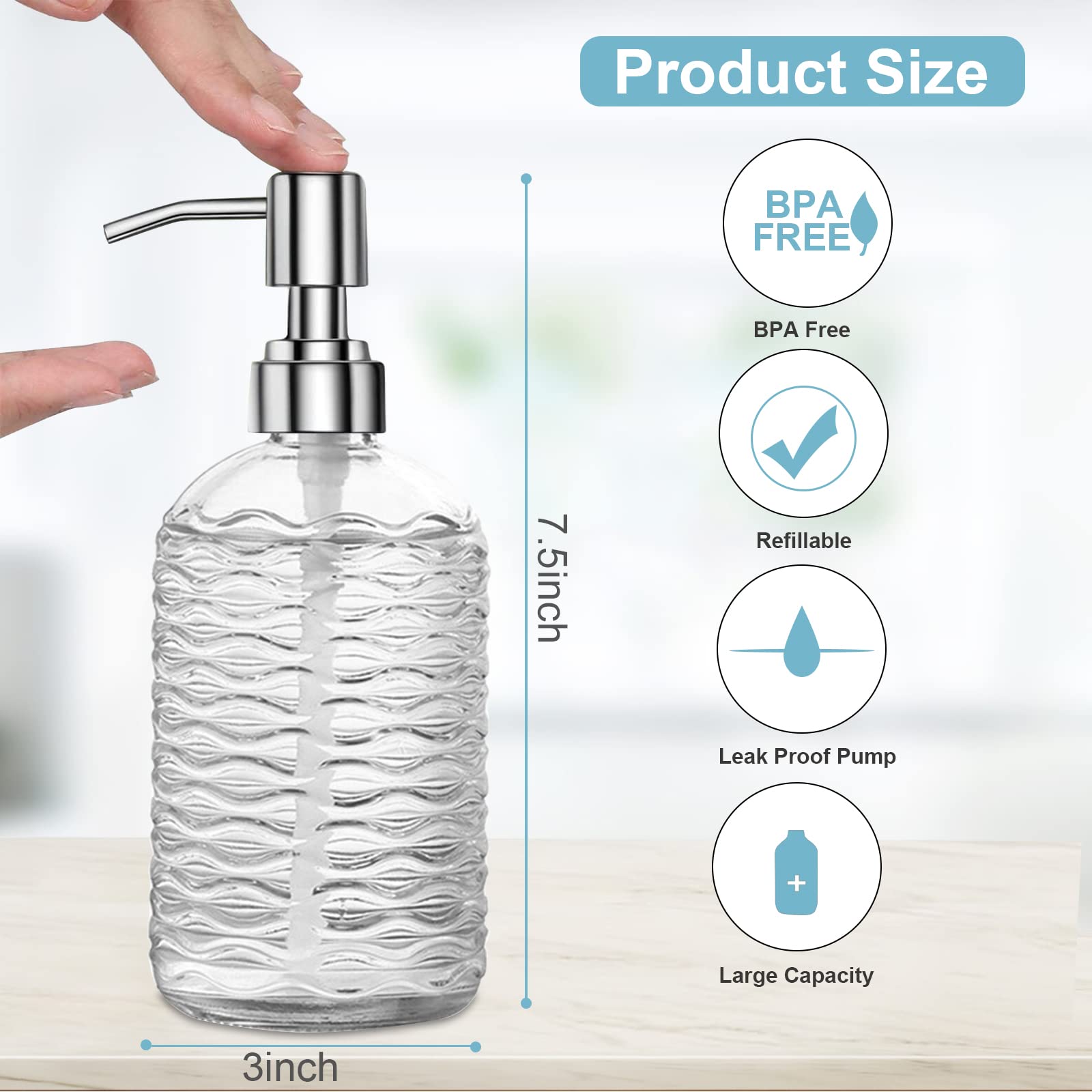 Glass Soap Dispenser Bottle with Pump, Versatile 14 Oz Dripless Pump Bottle, Refillable Liquid Hand Jar Dispenser for Bathroom, Countertop, Kitchen