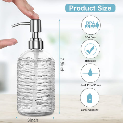 Glass Soap Dispenser Bottle with Pump, Versatile 14 Oz Dripless Pump Bottle, Refillable Liquid Hand Jar Dispenser for Bathroom, Countertop, Kitchen