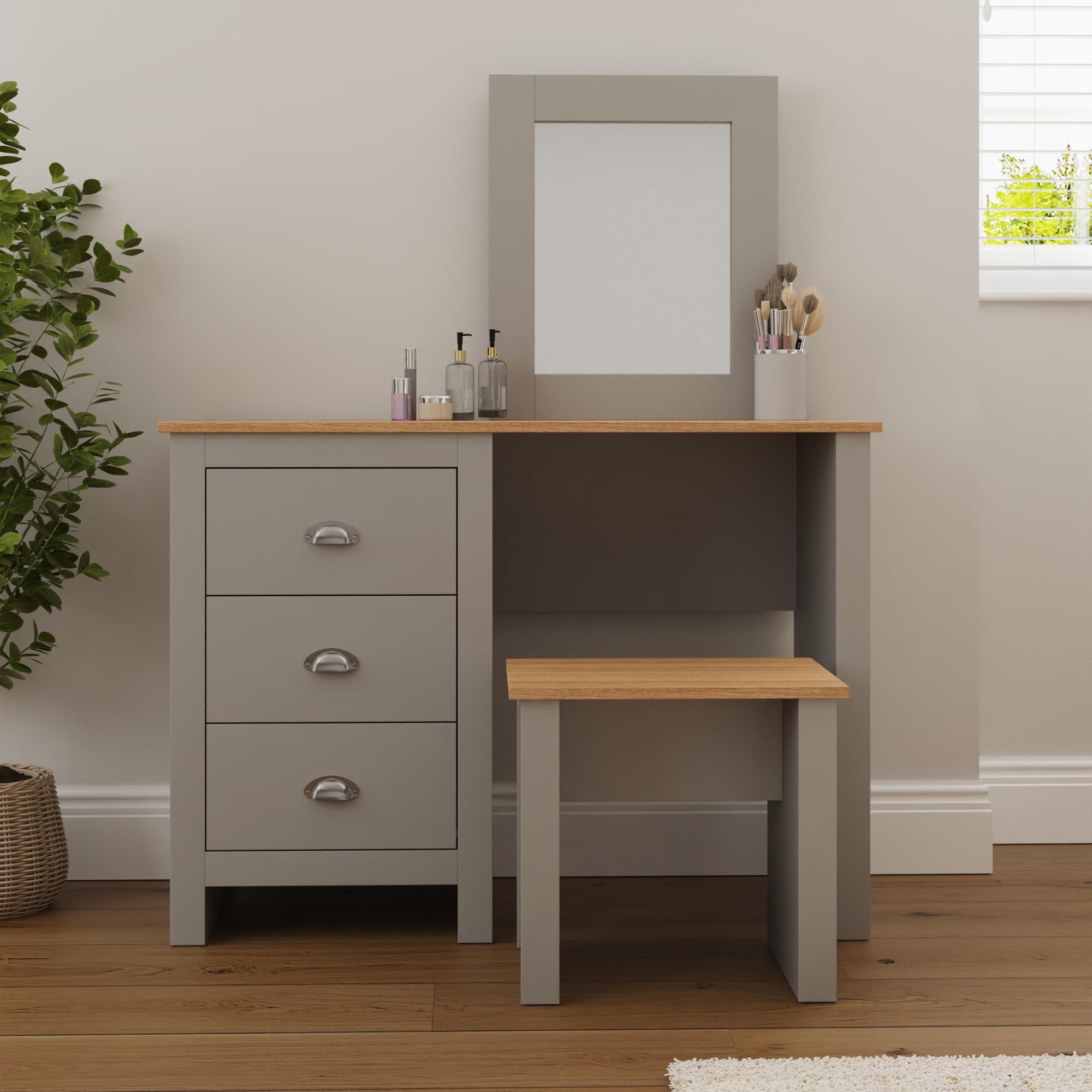 GFW Lancaster Dressing Table Set, Grey and Oak Effect Vanity Table with Mirror, Stool and 3 Drawers, Country Cottage Bedroom Furniture