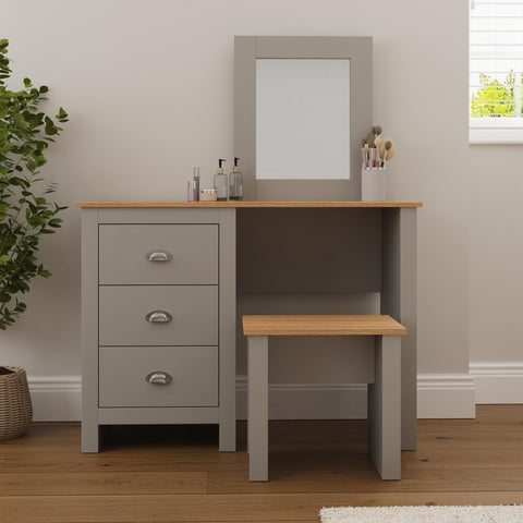 GFW Lancaster Dressing Table Set, Grey and Oak Effect Vanity Table with Mirror, Stool and 3 Drawers, Country Cottage Bedroom Furniture