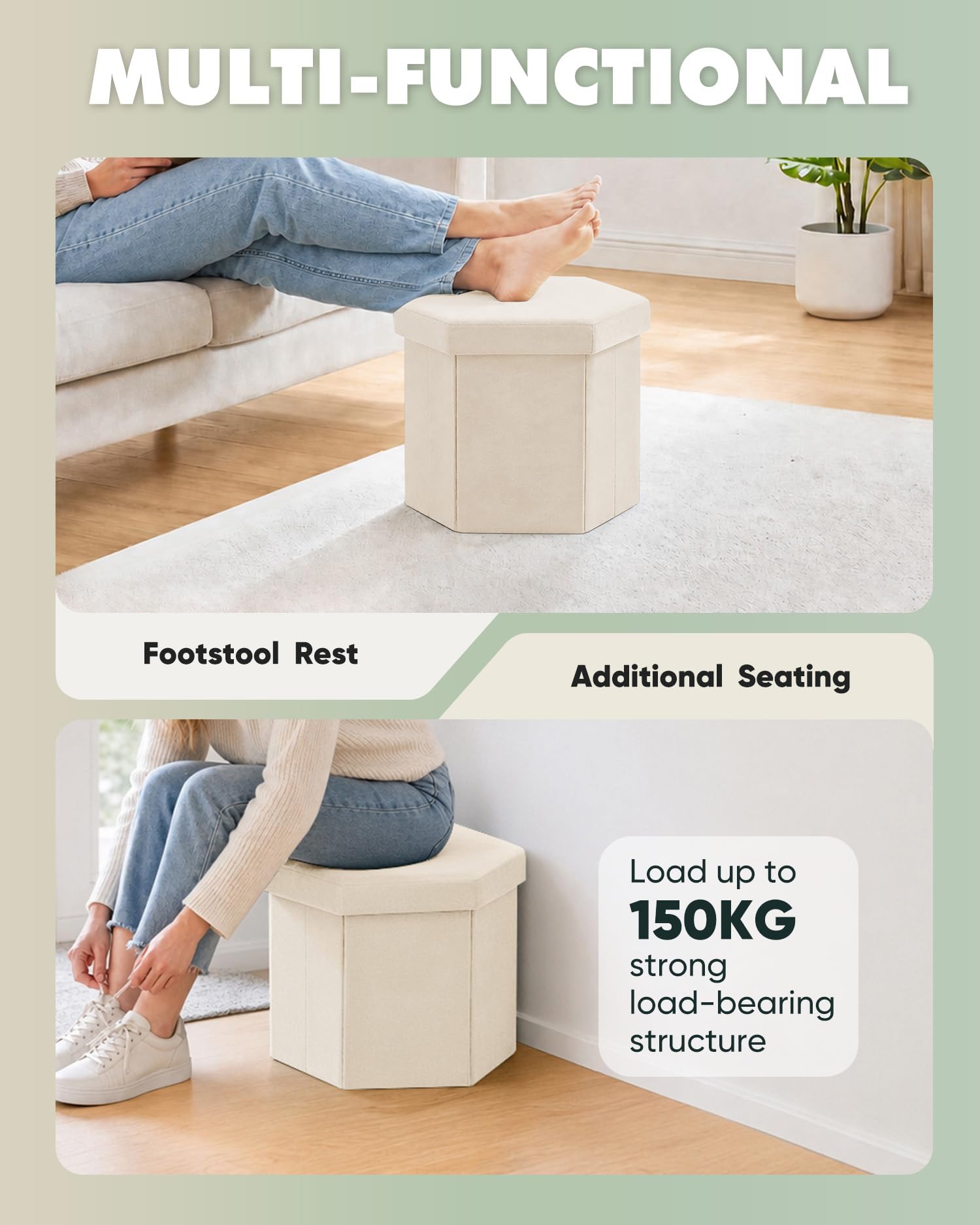 Bonlife Folding Storage Ottoman Hexagonal, Footrest with Toy Ches Box, 43cm