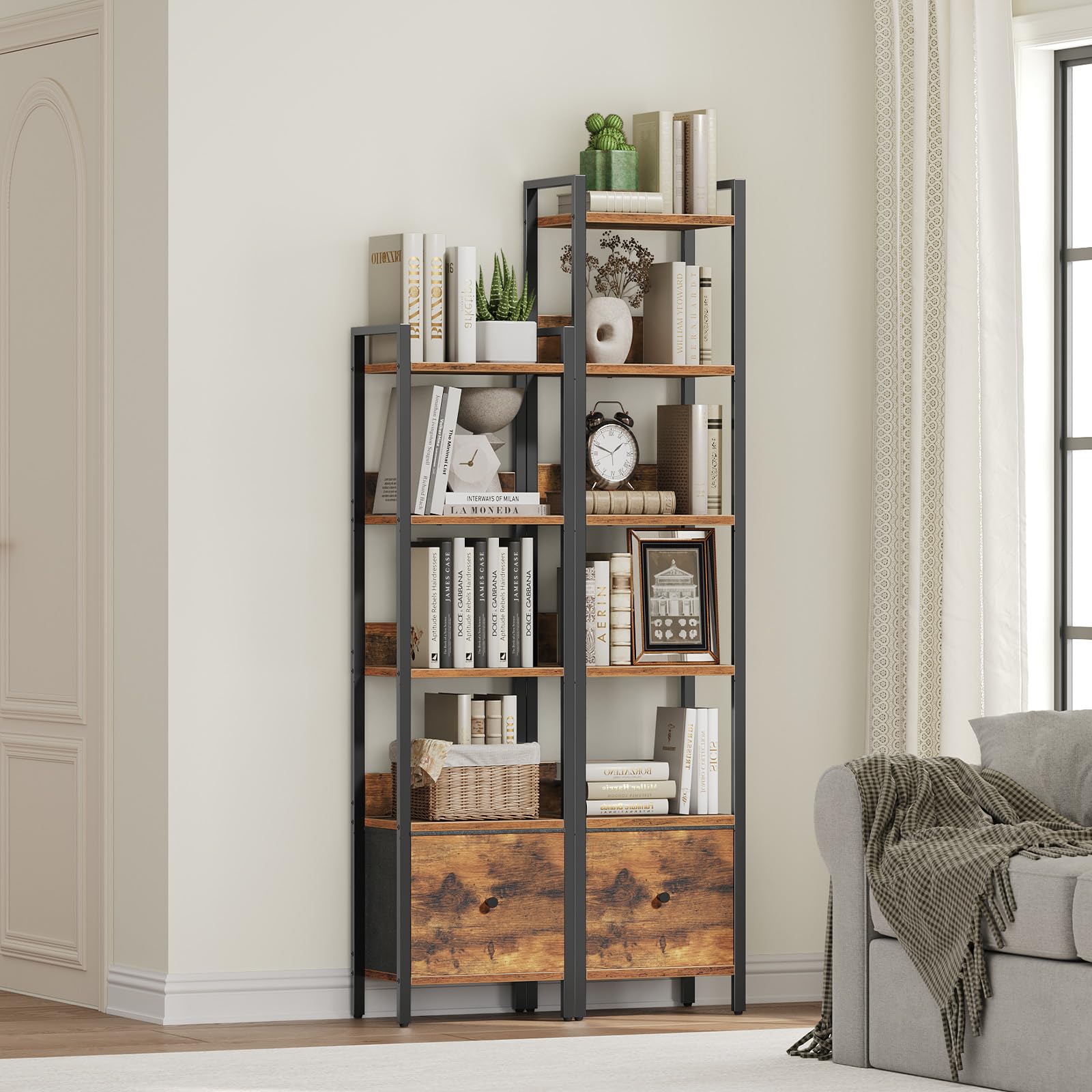 MAHANCRIS Bookshelf, 6-Tier Bookcase with Removable Drawer, Freestanding Book Shelf for Small Space, Storage Shelf Organizer, for Living Room