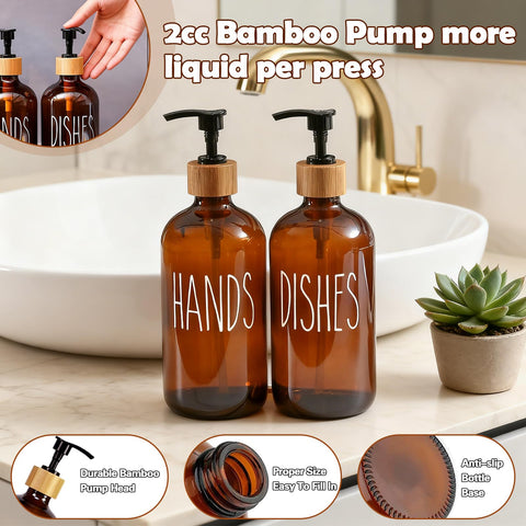 2 Pack 500ml Amber Glass Soap Dispensers with Bamboo Tray - Refillable Hand & Dish Soap Dispenser Set for Kitchen Countertop and Bathroom