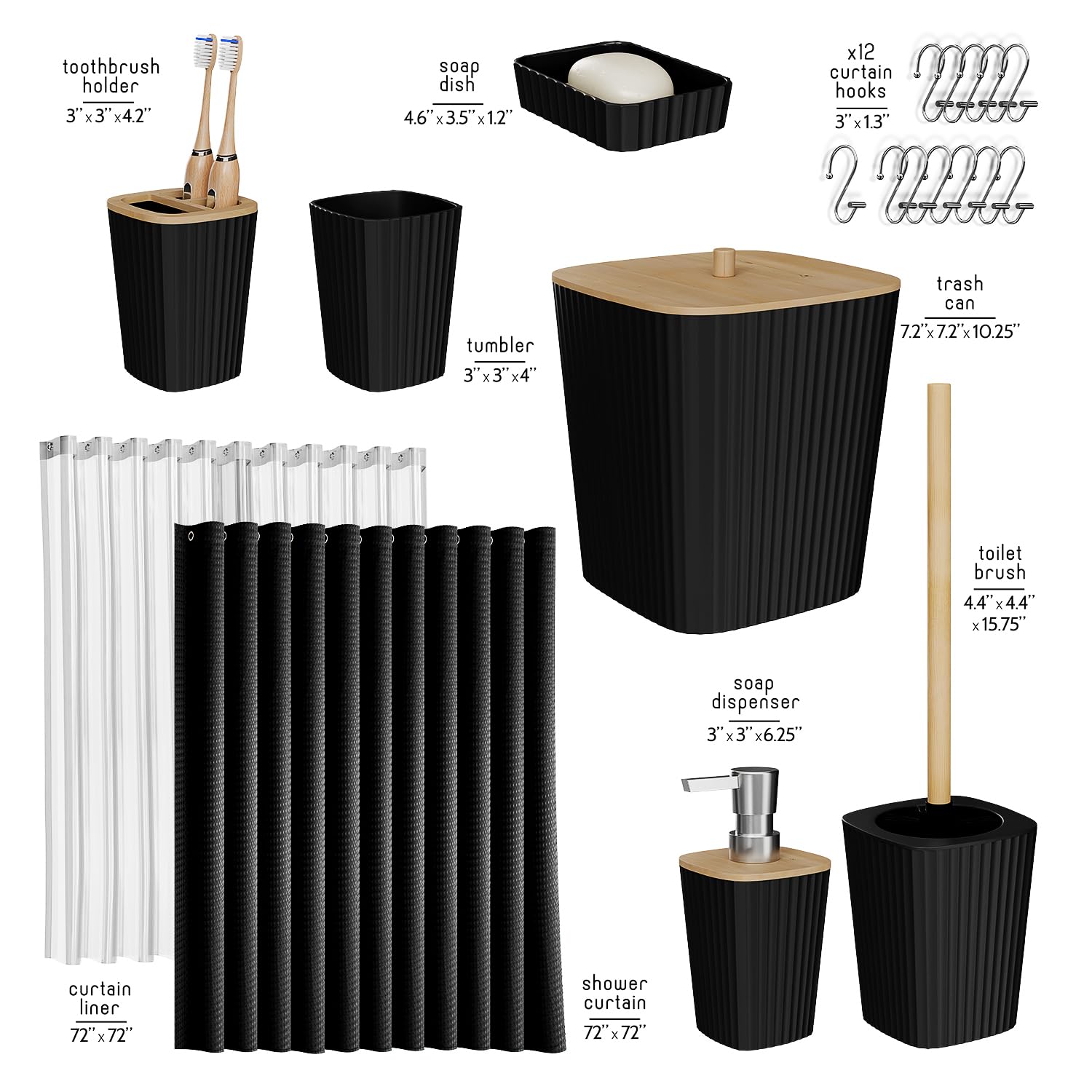 Clara Clark Bathroom Accessories Set - Bathroom Accessory Set with Shower Curtain Set, Toilet Brush, Trash Can & Soap Dispenser (Black, Complete Set)