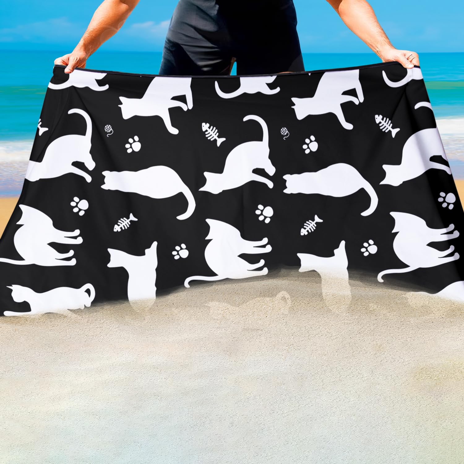 Violetpos Black White Cat Silhouette Beach Towel, Extra Large 180x90 cm 250GSM Microfibre, Sand Free Quick Dry