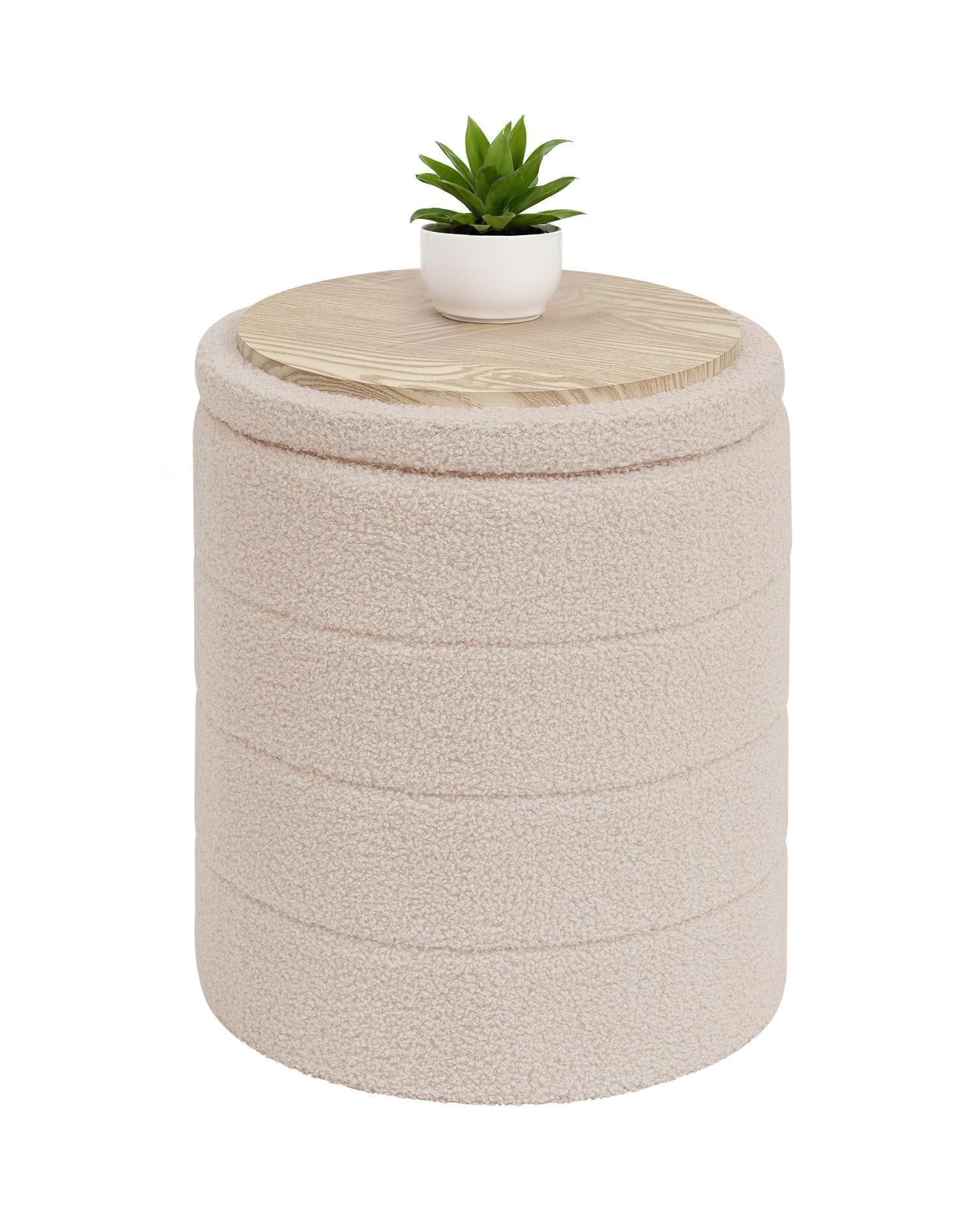 Bonlife Boucle Ottoman Storage, Foot Rest Stool Seat, Folding Footstool for Living Room, Sherpa Ottoman for Bedroom, Beige, 37x37x45 cm