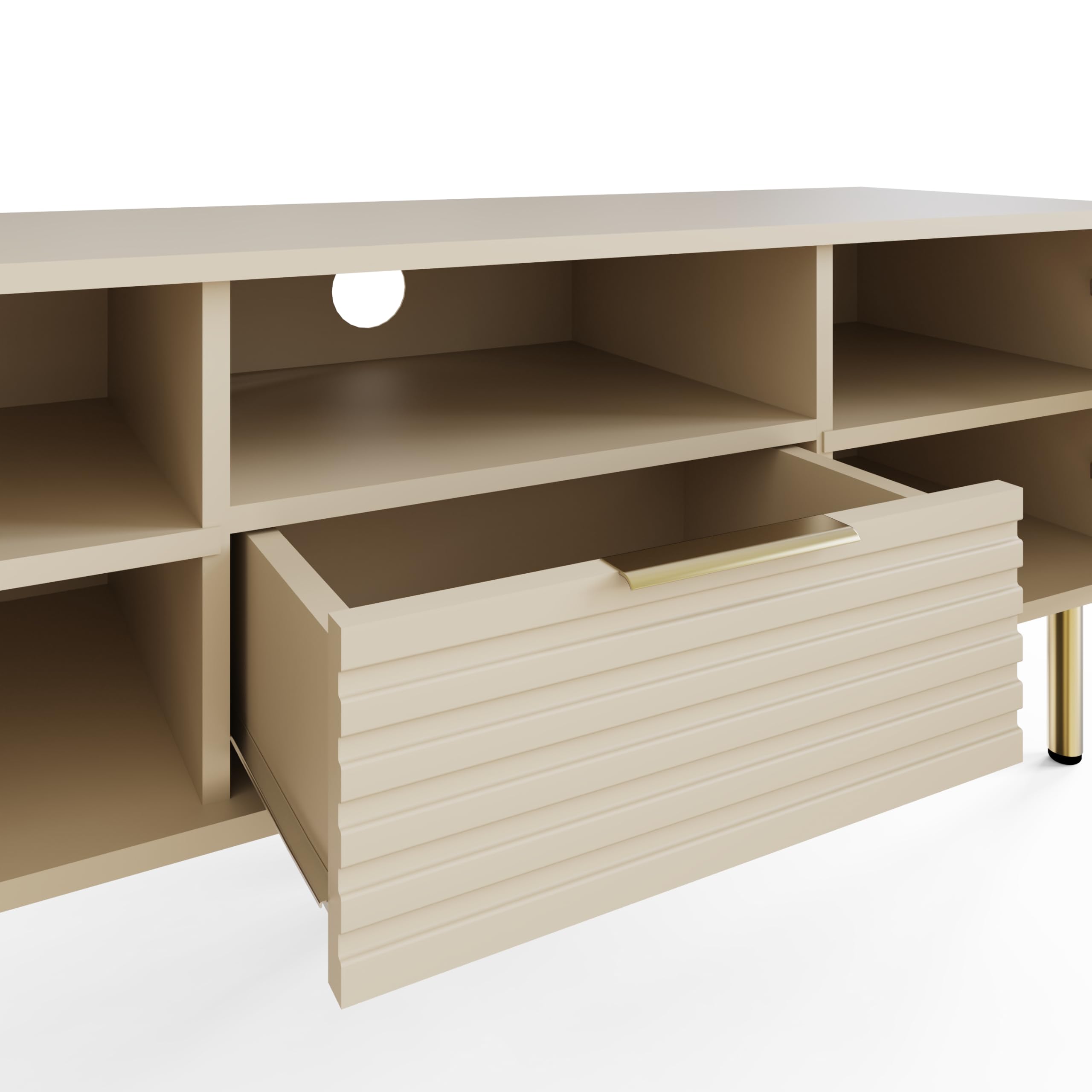 GFW Nervata TV Unit in Ivory, Art Deco Entertainment Stand with Drawer, Cupboards & Gold Effect Accents