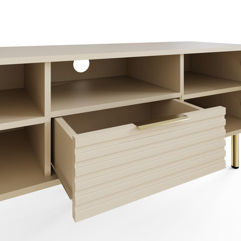 GFW Nervata TV Unit in Ivory, Art Deco Entertainment Stand with Drawer, Cupboards & Gold Effect Accents